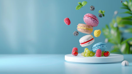 This stunning image showcases colorful macarons beautifully suspended against a light blue backdrop, surrounded by fresh fruits and greenery, creating a vibrant and playful atmosphere perfect for food enthusiasts.の素材