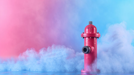 A vibrant red fire hydrant stands prominently against a dreamy backdrop of pink and blue smoke, creating an artistic and colorful visual contrast.の素材