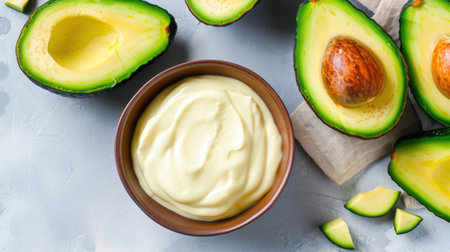 This image features a delicious creamy avocado spread in a bowl, accompanied by vibrant halved avocados on a soft light background, perfect for healthy snacking.の素材