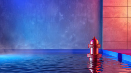 This captivating image features a vibrant fire hydrant beside still water in a modern abstract environment. Enjoy the colorful lighting effects and serene atmosphere.の素材