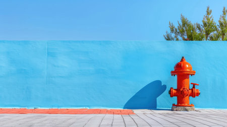 This vibrant image features a bright orange fire hydrant standing against a vivid blue wall under a clear sky, perfect for urban themes and safety visuals.の素材