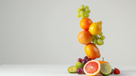 A vibrant display of assorted fruits stacked creatively against a grey background, showcasing a mix of citrus, grapes, and berries, perfect for healthy lifestyle themes.の素材