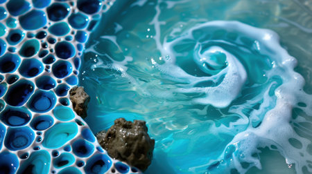 This stunning close-up image showcases the mesmerizing swirl of clear water interacting with a textured blue surface and natural rocks. Perfect for concepts of beauty and tranquility.の素材