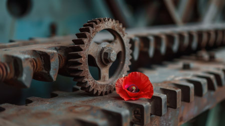A striking juxtaposition of a rusty gear and a vibrant red poppy flower rests amidst industrial elements, showcasing nature and decay harmoniously.の素材
