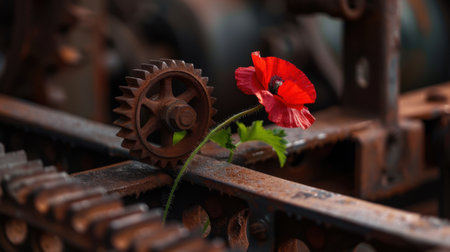 This captivating image showcases a bright red poppy flower emerging from rusty gears, highlighting the beauty and resilience of nature in an industrial setting.の素材