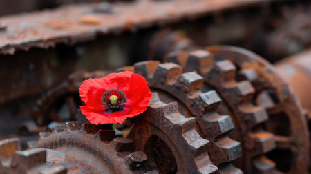 A striking red poppy blossom sits gracefully on a rusted industrial gear, highlighting the contrast between nature and machinery in an artistic composition.の素材