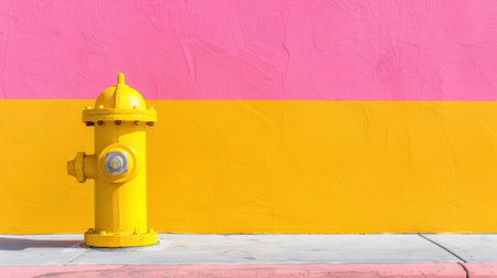 A vibrant fire hydrant in bright yellow stands out against a striking backdrop of pink and yellow walls in an urban setting, showcasing playful colors.の素材