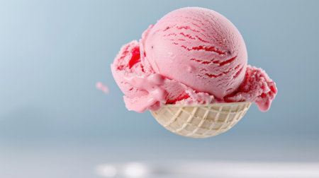 Enjoy a vibrant pink scoop of ice cream elegantly nestled in a waffle cone, capturing the essence of summer indulgence and sweet enjoyment.の素材