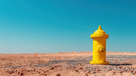 A vivid yellow fire hydrant stands alone in a wide, arid desert landscape under a bright blue sky, capturing the contrast between nature and human-made structures.の素材