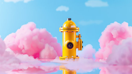 A vibrant yellow fire hydrant stands out against fluffy pink clouds and a clear blue sky, creating a whimsical and colorful scene perfect for creative projects.の素材