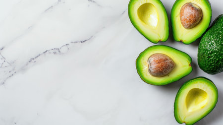 This vibrant image captures halved fresh avocados placed on a smooth white marble surface, showcasing their rich green skin and brown seed. Perfect for food blogs or healthy recipe sites.の素材