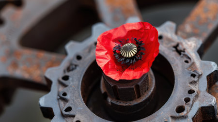 A stunning poppy flower contrasts beautifully with a rusted metal gear, creating a striking visual that embodies nature's resilience amidst industrial decay.の素材