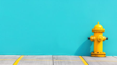 A bright yellow fire hydrant stands in front of a vibrant turquoise wall, creating a striking visual contrast. The clean, modern aesthetic highlights urban safety equipment.の素材