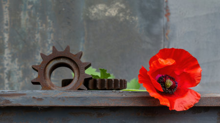 A stunning juxtaposition of a rusty gear and a vibrant poppy flower set against an industrial metal background, showcasing beauty in decay.の素材