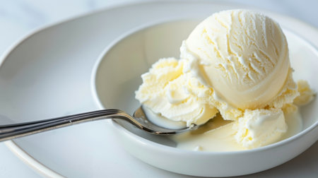 A decadent scoop of creamy vanilla ice cream nestled on a delicate white plate, with a shiny spoon beside it. Perfect for summer indulgence!の素材