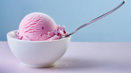 A beautiful scoop of pink ice cream rests in a simple white bowl. The pastel colors create a fresh and delightful summer vibe that's perfect for any dessert lover.の素材