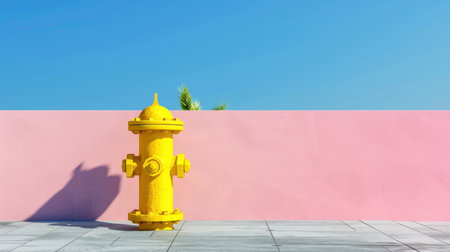 A vibrant yellow fire hydrant stands on a patterned pavement against a soft pink wall and a clear blue sky, complemented by tropical greenery.の素材
