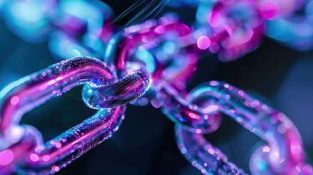 Explore this stunning macro image of colorful chains illuminated by neon lights. The vibrant reflections create a dynamic interplay of technology and art in a dark setting.の素材
