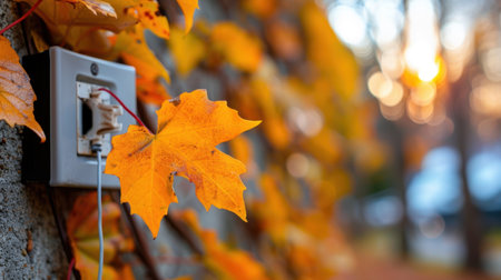 This captivating image captures vibrant autumn leaves in shades of yellow and orange clinging to a wall with an electrical outlet, illuminated by a serene sunset.の素材