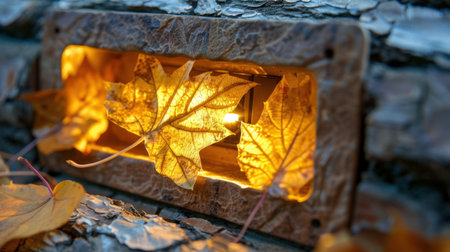 A captivating close-up of golden autumn leaves caught in a rustic wooden crack, illuminated by warm light, symbolizing the beauty of nature in transition.の素材