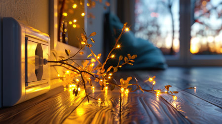 A beautiful close-up of glowing fairy lights wrapped around a branch, set against a wooden floor, with a stunning sunset view through the window, creating a warm and cozy ambiance.の素材