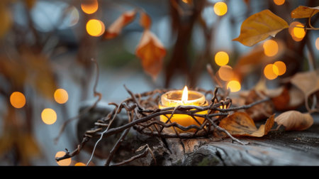 A serene scene featuring a glowing candle surrounded by twigs and autumn leaves, complemented by glowing lights, creating a cozy, atmospheric setting.の素材
