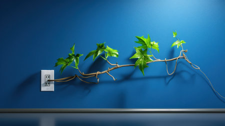 A striking image featuring a vibrant green ivy plant gracefully intertwining with an electrical outlet on a sleek blue wall, symbolizing harmony between nature and modern living.の素材