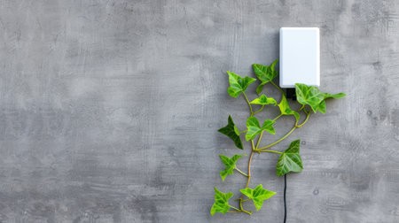 This image showcases a vibrant green ivy plant growing gracefully against a textured concrete wall, right beside a small white device with a cable.の素材