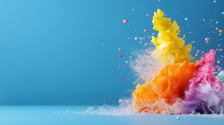 This stunning image features a vibrant explosion of colors, showcasing splashes of paint and powder against a blue backdrop, creating a dynamic artistic effect.の素材