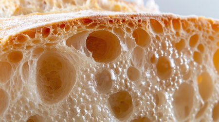 Discover the intricate texture of freshly baked artisan bread, highlighting the unique air bubbles and crumb structure that define its quality and flavor.の素材