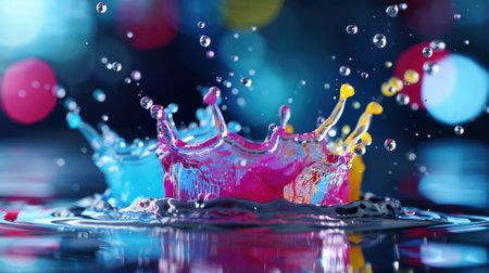 Captivating image of vibrant water droplet splash creating colorful crown shapes in a reflective surface, illuminated by soft bokeh lights.の素材