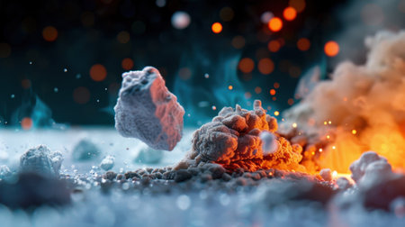 This stunning abstract image showcases a volcanic eruption with flying rocks, glowing lava, and swirling smoke against a vibrant bokeh background.の素材