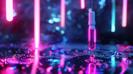 This visually striking image features a dropper releasing vibrant liquid droplets amidst colorful neon lights, creating a captivating laboratory atmosphere.の素材