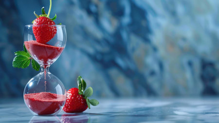 This visually striking image features an hourglass filled with a vibrant berry sauce and topped with fresh strawberries, set against a blue marble background.の素材