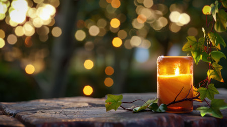 A glowing scented candle sits on a rustic wooden surface, surrounded by beautiful ivy and softly shining bokeh lights, creating a tranquil ambiance.の素材