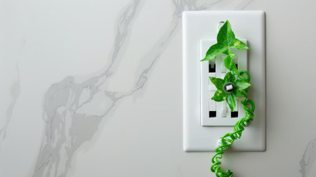 A captivating image of a green plant vine elegantly intertwining with an electrical outlet on a marble wall, showcasing a harmonious blend of nature and technology.の素材