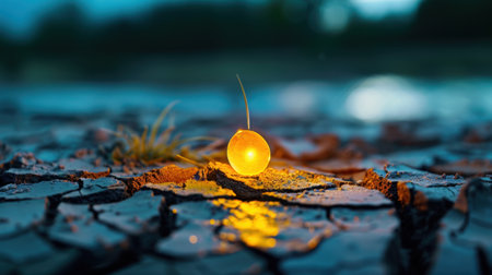 This image captures a bright glowing sphere resting on cracked earth, highlighting the stark contrast of nature's beauty against drought conditions.の素材