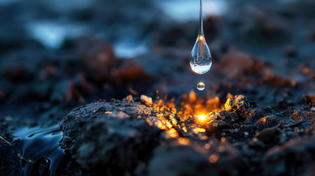 An exquisite close-up photograph showcasing a single water droplet falling onto wet earth, capturing its shimmer and glow within a tranquil natural environment.の素材