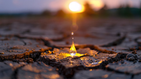 A stunning close-up of a water droplet resting on cracked earth, illuminated by golden sunlight during sunset, representing nature's duality of beauty and struggle.の素材