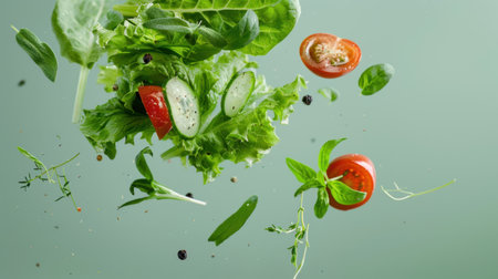 This dynamic image showcases fresh vegetables and herbs, including lettuce, cucumber, and tomato, suspended in mid-air. The vibrant green background enhances the lively composition, perfect for culinary inspiration and healthy eating themes.の素材