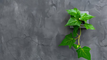A vibrant green ivy plant emerges from a sleek modern planter against a textured gray backdrop, symbolizing tranquility and indoor beauty.の素材