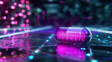 A striking image of a futuristic capsule radiating neon colors, resting on a high-tech surface. This artwork showcases a blend of innovation and abstract technology, perfect for sci-fi themes.の素材