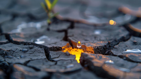 This striking image captures a droplet of water resting on cracked earth, revealing a glowing element beneath. It symbolizes resilience and the delicate balance of nature in dry environments.の素材