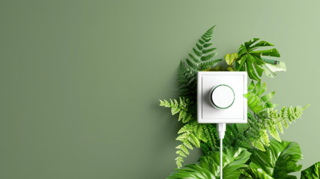 A vibrant electric switch surrounded by lush green plants against a solid color wall, highlighting the harmony between technology and nature. Perfect for eco-themed designs.の素材
