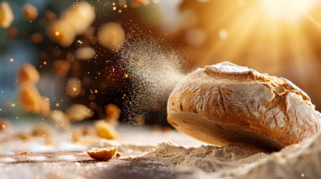 A beautifully captured image of freshly baked bread surrounded by a cloud of flour dust, illuminated by soft sunlight. The inviting atmosphere evokes warmth and comfort, ideal for bakery-themed projects.の素材