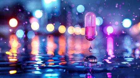 An artistic depiction of a colorful pill poised above a water surface, with droplets and vibrant lights creating a mesmerizing bokeh effect.の素材