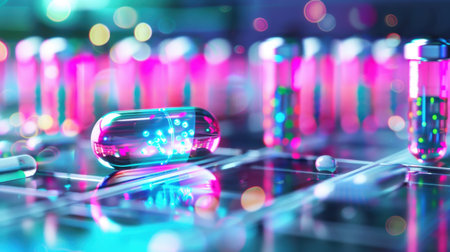 This vibrant image showcases a large colorful capsule resting on a table surrounded by laboratory equipment, ideal for topics on modern medicine and health innovation.の素材