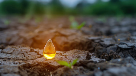 A close-up shot of a vibrant water droplet resting on cracked, dry soil, showcasing new green plant sprouts, symbolizing resilience and hope in natureの素材