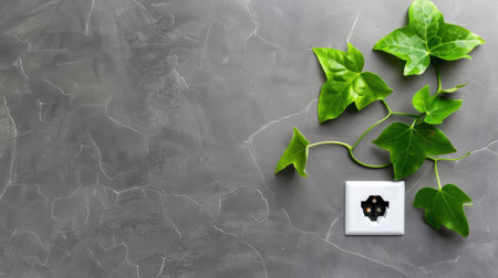A striking image featuring a vibrant green ivy plant intertwined with a modern electrical outlet, set against a sleek gray textured background, symbolizing harmony between nature and technology.の素材