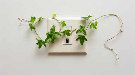 This image features a vibrant ivy plant gracefully extending over a clean white wall, highlighting an electrical outlet, symbolizing the blend of nature and modern living.の素材